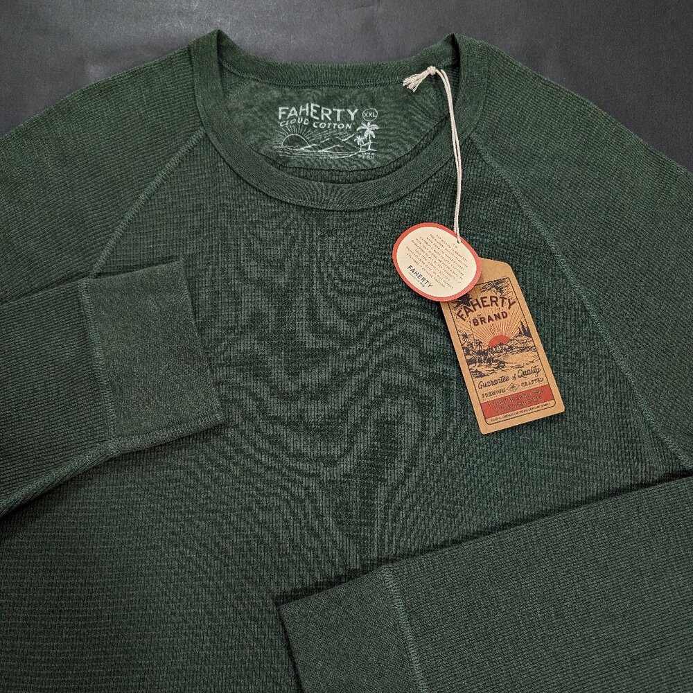 Faherty Men's Long Sleeve Cloud Waffle Crew Deep Fern Heather Size 2XL Top